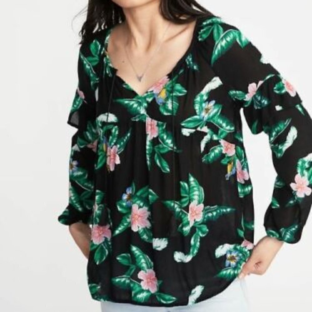 Old Navy Womens Sz Large Long Sleeve Sexy Swing Blouse Black Bird Tropical Print